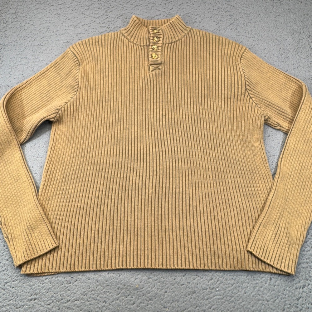 Gramicci Henley Sweater Mens Large Tan Ribbed Cotton Mock Neck Gorpcore Outdoor
